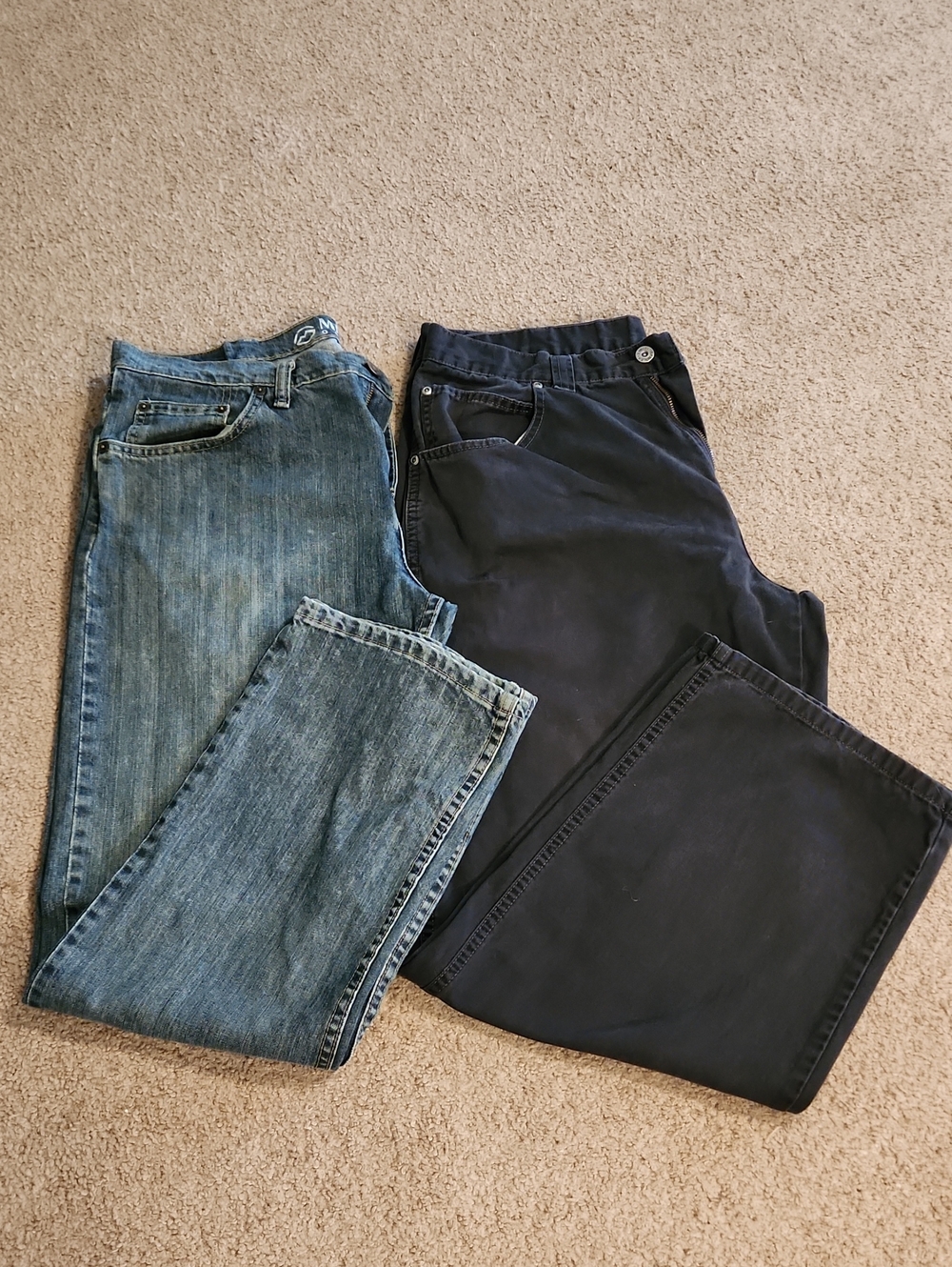 Magellan blue denim & Wrangler black work pants Men's Size 34 x 30. Soft Comfy